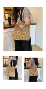 Détail du sac cabas tissé avec motif tournesol, design en maille et pompon décoratif