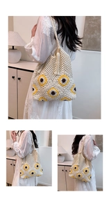 Détail du sac cabas en maille crème avec motifs de tournesols et pompons décoratifs