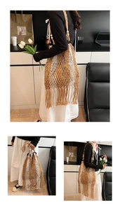 Detail of hand-woven hollow tote bag with long fringe and decorative wooden beads