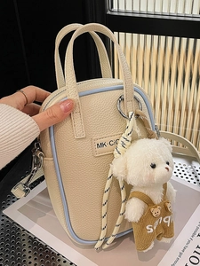 Sac à Bandoulière pour Femme en Cuir PU Motif Litchi Petit Sac Carré pour Téléphone avec Bordure Contrastée et Pendentif Ours