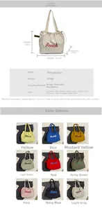 Detailed size chart and multi-color options for Beach drawstring canvas tote bags