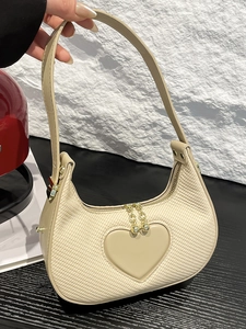 Women Chic Heart Decor PU Leather Underarm Bag Minimalist Solid Color Hobo Shoulder Bag Elegant Crescent Tote Purse Handbag