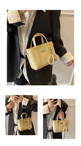 Detail der gelben Bucket Bag mit Litschiprägung, Perlenanhänger und Schultergurt