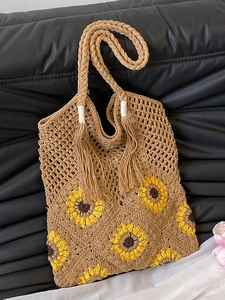 Sac fourre-tout d'été tissé avec motif tournesol au crochet et franges pour les vacances