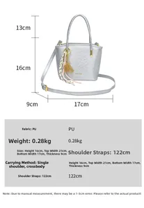 Detailed size chart for silver PU leather bucket bag with dimensions and strap length