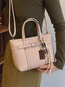 Litchi pattern bucket bag with double handles and detachable strap in soft pink
