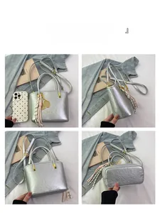Detail shots of a silver PU bucket bag showing various angles and a tennis racket charm