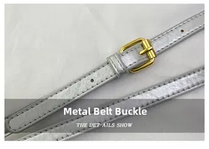 Macro detail of silver PU leather bucket bag strap with a shiny gold metal buckle