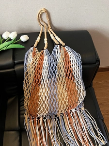 Bohemian Handwoven Cotton Blend Tote Bag Large Capacity Hollow Shoulder Bag With Tassels Wood Beads For Summer Beach Vacation