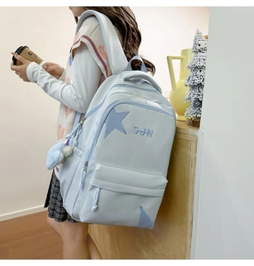 Détail d'un sac à dos en nylon bleu clair avec écusson étoile, broderie S-J-N et gri-gri peluche