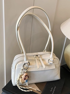 Korean Style Women PU Leather Boston Shoulder Bag Casual Commute Solid Color Stitching Zipper Handbag With Pendant Decoration