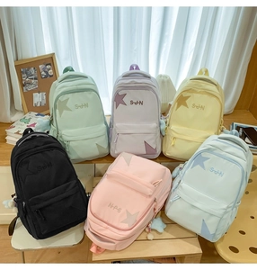 Détails de six sacs à dos scolaires colorés avec motif d'étoile et broderie de lettres