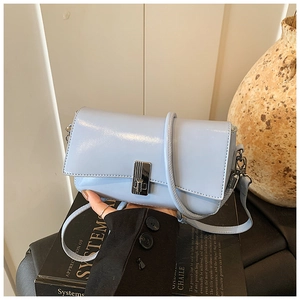 Close-up of light blue glossy oil wax leather square bag with metal clasp on books