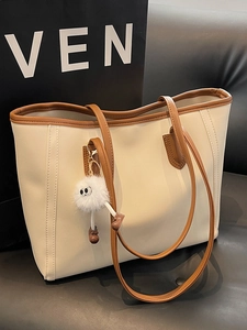 Women Large Capacity PU Leather Tote Bag Contrast Color Minimalist Shoulder Bag With Plush Monster Charm Urban Commute Bag