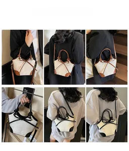 Vue multi-angle de sacs seaux tendance en blanc, marron et noir avec nœud décoratif