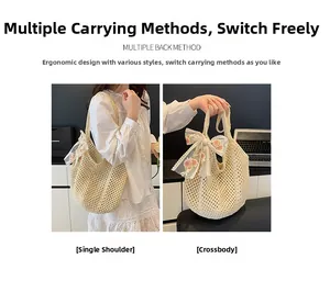 Detailed views of crochet tote bag with pink flower embroidery and organza bow accents