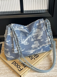 Women Vintage Landscape Printed Tote Bag Large Capacity Canvas Shoulder Bag With Chain Strap Leopard Floral Pattern Handbag