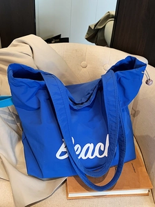 Women Large Capacity Polyester Tote Bag With Letter Print Drawstring Closure Lightweight Casual Shoulder Bag For Travel