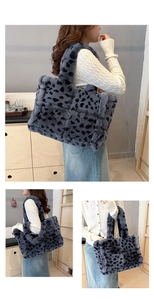 Dettaglio della borsa tote leopardata in peluche con morbida trama in finta pelliccia