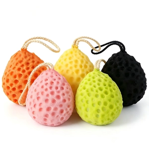 Five-piece set of honeycomb mesh bath sponges in vibrant colors with hanging ropes