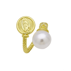 Golden open ring with Virgin Mary medal and white pearl on twisted rope band