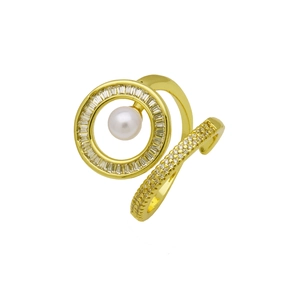 Detailed macro view of 18K gold ring with white pearl and sparkling cubic zirconia stones