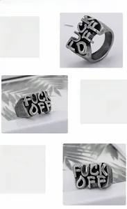 Multiple views of a vintage-style 316L stainless steel Fuck Off ring with hollowed text