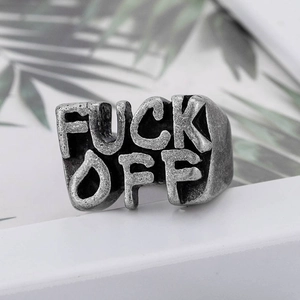 Retro stainless steel ring with bold Fuck Off embossed text and vintage finish