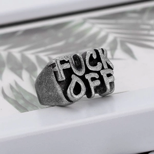 Retro punk titanium steel Fuck Off ring for men with vintage oxidized relief design
