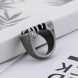 Vintage punk titanium steel ring for men with antique silver finish and bone texture