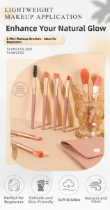 Detailed view of 8pcs mini makeup brush set with soft bristles and pink leather pouch