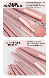 Detail of pink makeup brush with matte aluminum tube and ergonomic plastic handle