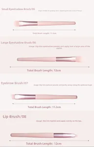 Detailed size chart for pink eyeshadow, eyebrow, and lip brushes with length measurements