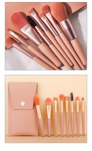 Detail of 8-piece professional makeup brush set with matching soft portable storage pouch