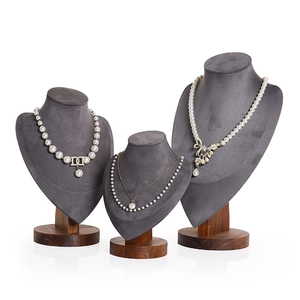 Elegant walnut wood bust necklace display stands set with gray velvet finish for jewelry