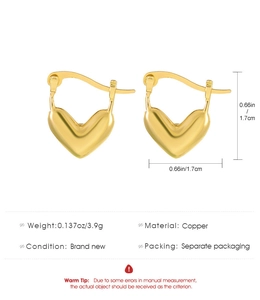 Detail view of 1.7cm golden copper heart hoop earrings with product specifications