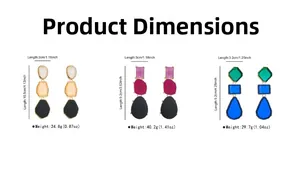 Size chart showing dimensions and weight for geometric resin drop earrings in three styles