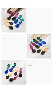 Detailed view of geometric resin drop earrings in diverse vintage color combinations