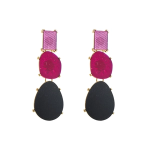 Geometric irregular resin drop earrings with pink and black elements in gold settings