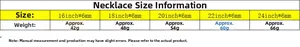 Size chart showing 6mm stainless steel necklace lengths from 16 to 24 inches with weights