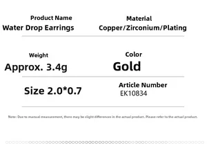 Detailed specifications for gold waterdrop earrings made of copper with zircon accents