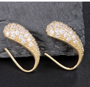 Macro shot of cubic zirconia paved teardrop fishhook earrings on a black rock base
