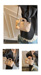 Detail showing beige PU leather crossbody bag with heart charm in three carrying styles