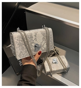 Detail of silver snake-patterned chain bag with metallic texture and keyhole lock
