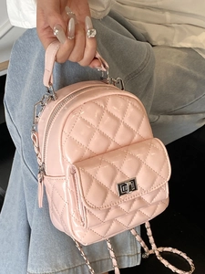 Pink quilted patent leather mini backpack with silver metal chain straps for women