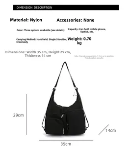 Detaillierte Größenangaben der schwarzen Nylon-Tragetasche mit Taschen und Abmessungen