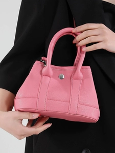Pink litchi texture leather handbag with silver round buckle for women's business commute