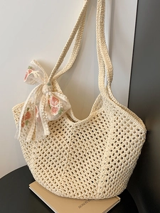 Women Hollow Crochet Tote Bag Polyester Woven Shoulder Bag With Floral Embroidery Lace Scarf Bohemian Summer Beach Vacation Handbag