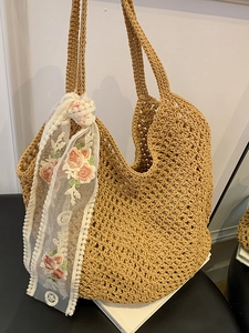 Bohemian hollow crochet tote bag in natural khaki with floral lace scarf detail