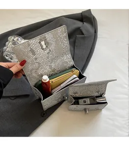 Detailed interior view of silver fish scale pattern bags showing storage capacity